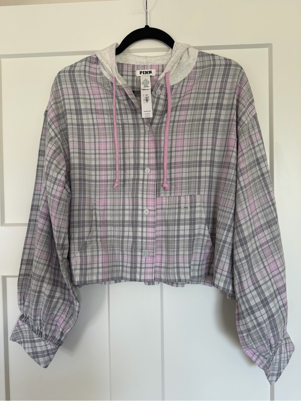 PINK NWT Cropped Lightweight Hooded Flannel